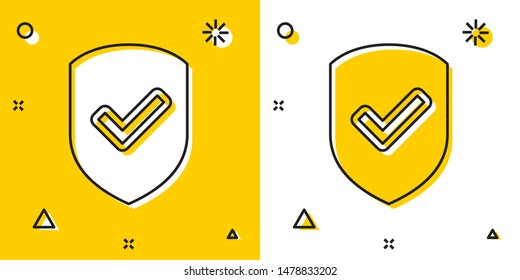 Black Shield with check mark icon isolated on yellow and white background. Protection symbol. Security check Icon. Tick mark approved icon. Random dynamic shapes. Vector Illustration