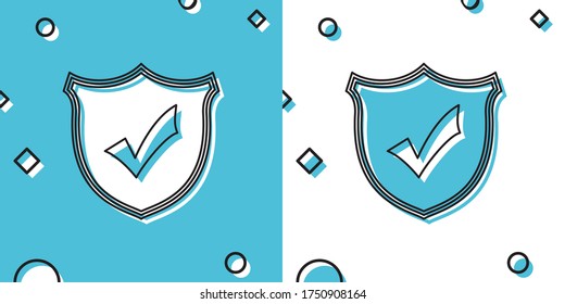 Schwarzer Schild mit Markierungssymbol einzeln auf blauem und weißem Hintergrund. Zufällige dynamische Formen. Vektorgrafik