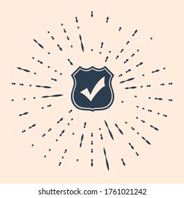 Black Shield with check mark icon isolated on beige background. Protection, safety, security, protect, defense concept. Tick mark approved icon. Abstract circle random dots. Vector Illustration