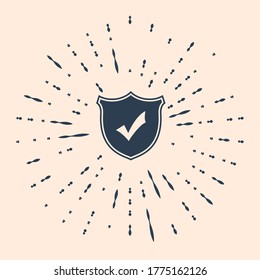 Black Shield with check mark icon isolated on beige background. Protection symbol. Security check Icon. Tick mark approved icon. Abstract circle random dots. Vector Illustration