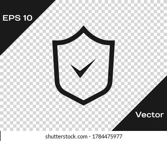 Escudo negro con icono de marca de verificación aislado en fondo transparente. Seguridad, seguridad, protección, concepto de privacidad. Marcado aprobado. Vector
