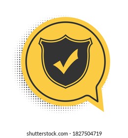 Black Shield with check mark icon isolated on white background. Yellow speech bubble symbol. Vector.