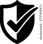 A black shield with a checkmark on a pure white background, simple vector graphic, modern design
