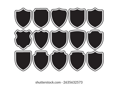 Black Shield Collection: Um conjunto diversificado de escudos em branco e pretos com formas e tamanhos variados, perfeito para logotipos, emblemas ou projetos de jogos.