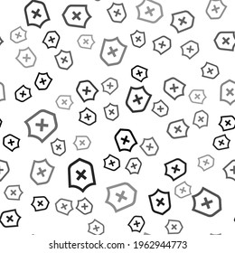 Black Shield with cross mark icon isolated seamless pattern on white background. Shield and rejected. Notice of refusal.  Vector