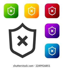 Black Shield with cross mark icon isolated on white background. Shield and rejected. Notice of refusal. Set icons in color square buttons. Vector