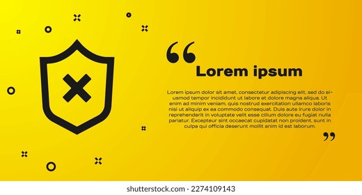 Escudo negro con icono de marca cruzada aislado en fondo amarillo. Escudo y rechazado. Notificación de denegación.  Vector