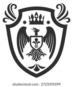 A black shield with a crown and an eagle on it