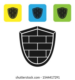 Black Shield with cyber security brick wall icon isolated on white background. Data protection symbol. Firewall logo. Network protection. Set of colorful square icon buttons. Vector Illustration