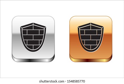 Black Shield with cyber security brick wall icon isolated on white background. Data protection symbol. Firewall logo. Network protection. Silver-gold square button. Vector Illustration