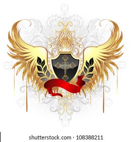 black shield, decorated with a gold cross, a red ribbon and gold wings on a white background.