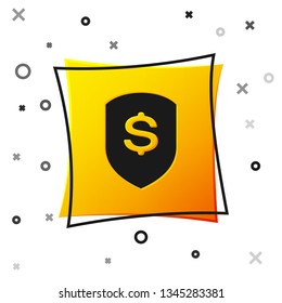 Black Shield and dollar icon isolated on white background. Security shield protection. Money security concept. Yellow square button. Vector Illustration