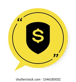 Black Shield and dollar icon isolated on white background. Security shield protection. Money security concept. Yellow speech bubble symbol. Vector Illustration