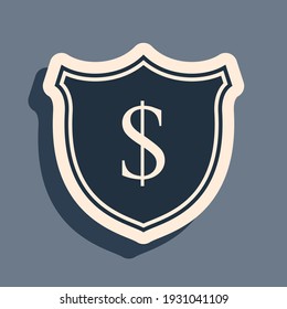 Black Shield and dollar icon isolated on grey background. Security shield protection. Money security concept. Long shadow style. Vector Illustration