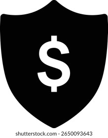 A black shield with a dollar sign inside, isolated on a white background, symbolizes financial security.