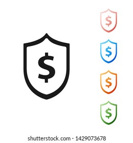 Black Shield with dollar symbol icon isolated on white background. Security shield protection. Money security concept. Set icons colorful. Vector Illustration