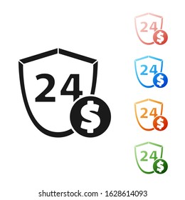 Black Shield with dollar symbol icon isolated on white background. Security shield protection. Money security concept. Set icons colorful. Vector Illustration
