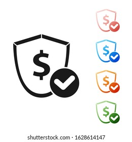 Black Shield with dollar symbol icon isolated on white background. Security shield protection. Money security concept. Set icons colorful. Vector Illustration