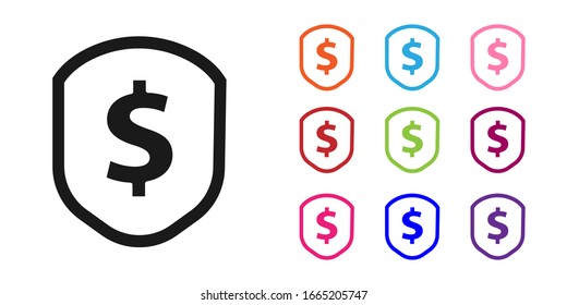 Schwarzer Schild mit Dollar Symbol einzeln auf weißem Hintergrund. Schutz des Sicherheitsschilds. Konzept der Geldsicherheit. Symbole bunt festlegen. Vektorillustration-Illustration