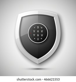 Black Shield with electronic Combination Lock isolated. Defense sign Protection concept. Safety badge icon. Privacy banner. Security label. Defense tag. Presentation sticker shape. Vector illustration