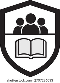 Un emblema de escudo negro contiene tres figuras negras simplificadas sobre un icono de libro abierto con páginas de color gris claro sobre un fondo blanco.