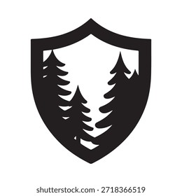 Black shield emblem featuring a silhouette of evergreen trees within