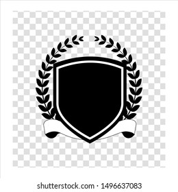 black shield emblem with laurel and ribbon.