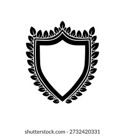 Black shield emblem with laurel wreath border, classic heraldic crest symbol, isolated vector illustration.