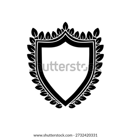 Black shield emblem with laurel wreath border, classic heraldic crest symbol, isolated vector illustration.