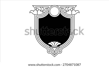 Black shield emblem with ornate white border and cloud like decorative elements crest heraldry