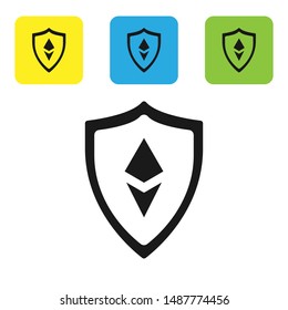Black Shield Ethereum ETH icon isolated on white background. Cryptocurrency mining, blockchain technology, security, protect, digital money. Set icons colorful square buttons. Vector Illustration