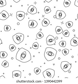 Black Shield and eye icon isolated seamless pattern on white background. Security, safety, protection, privacy concept. Vector Illustration