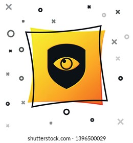 Black Shield and eye icon isolated on white background. Security, safety, protection, privacy concept. Yellow square button. Vector Illustration