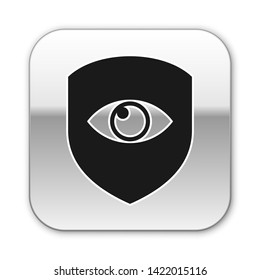 Black Shield and eye icon isolated on white background. Security, safety, protection, privacy concept. Silver square button. Vector Illustration