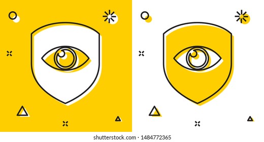 Black Shield and eye icon isolated on yellow and white background. Security, safety, protection, privacy concept. Random dynamic shapes. Vector Illustration