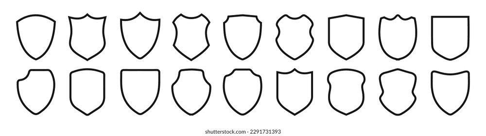 Black Shield frame set. Collection of shield signs vector template. Empty outline icons. Logo design set, flat style vector illustration