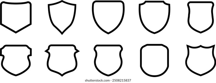 Black Shield frame set. Black template for patch, insignias, overlay. Empty outline icons. Logo design set, Vector illustration. 