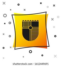 Black Shield for game icon isolated on white background. Yellow square button. Vector Illustration