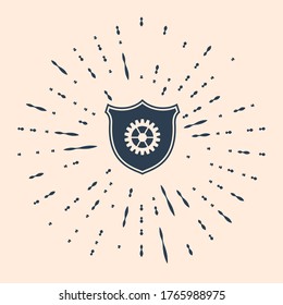 Black Shield with gear icon isolated on beige background. Abstract circle random dots. Vector Illustration
