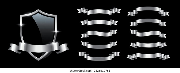 Black shield with glass light effect and silver ribbons set of different shapes vector illustration. 3d realistic glossy empty security emblem with steel frame on border, shiny insignia or prize