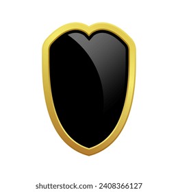 Black shield with glossy bright golden frame. VIP luxury logo design element. Vector clipart illustration. Transparent background.