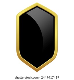 Black shield with glossy bright golden frame. VIP luxury logo design element. Vector clipart illustration. Transparent background.