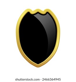 Black shield with glossy bright golden frame. VIP luxury logo design element. Logotype medieval. Coat metal icon sign. Vector clipart illustration on a white isolated background.