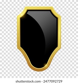 Black shield with glossy bright golden frame. Vector clipart illustration. Transparent background. VIP luxury logo design element.
