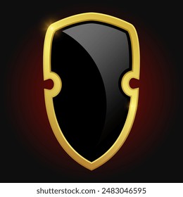 Black shield with glossy bright golden frame isolated on red background. Luxury logo design element. Vector illustration.