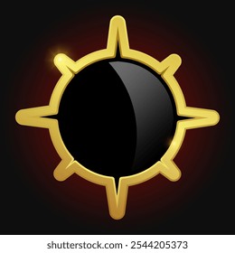 Black shield with glossy bright golden frame isolated on red background. VIP luxury logo design element. Vector clipart illustration.