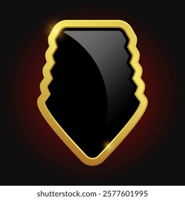 Black shield with glossy bright golden frame isolated on red background. VIP luxury logo design element. Vector clipart illustration.