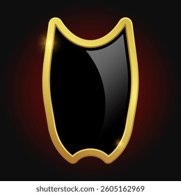 Black shield with glossy bright golden frame isolated on red background. Luxury logo design element. Vector illustration.