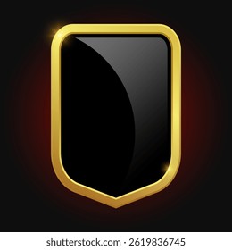 Black shield with glossy bright golden frame isolated on red background. VIP luxury logo design element. Vector clipart illustration. Logotype medieval.