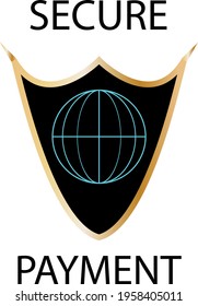 black shield with gold edging and a planet inside. secure payment